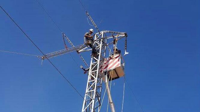 Operarios de Endesa realizando trabajos sobre el cableado eléctrico