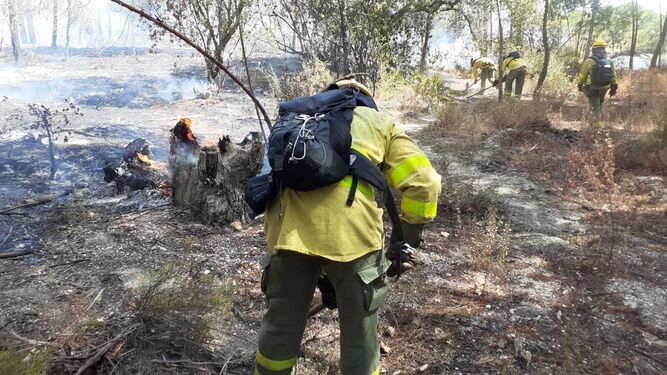 Uno de los bomberos forestales del Infoca en el incendio de Moguer.