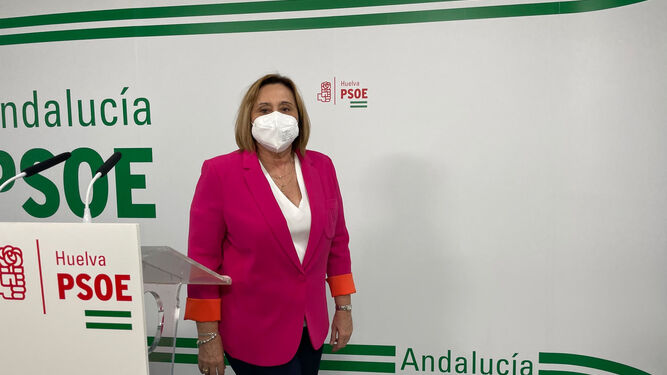 María Luisa Faneca, responsable de la Comisión Gestora del PSOE Huelva, en rueda de prensa.
