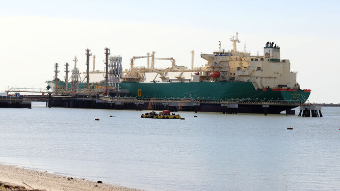 Un buque en plena descarga en el pantalán de Enagás del Puerto de Huelva.