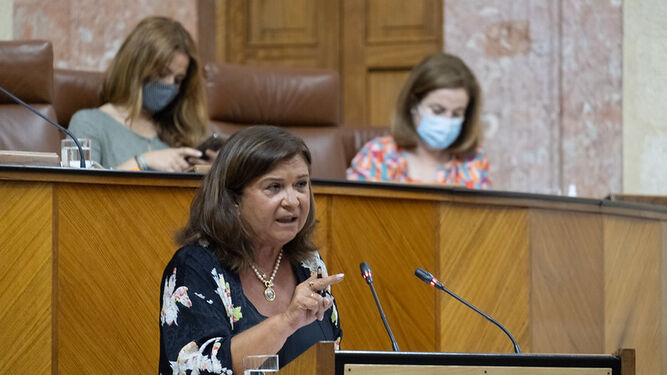 Carmen Céspedes en la tribuna del Parlamento de Andalucía.