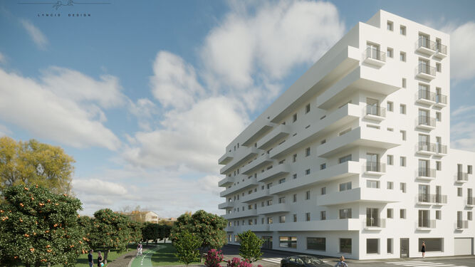 Imagen virtual del residencial proyectado en la calle Trigueros, con el parque lineal en su frontal a la avenida.