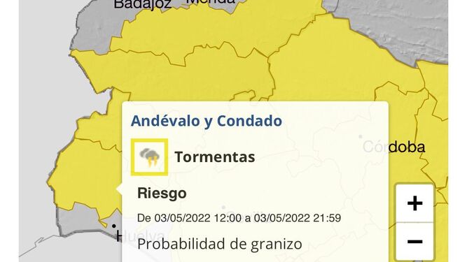 Aviso amarillo en el Condado, el Andévalo y la Sierra.