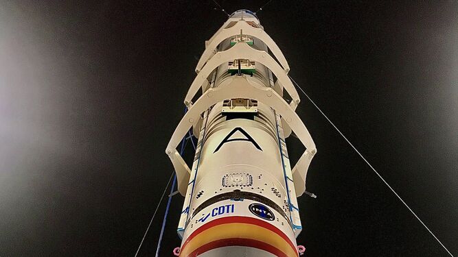 El ‘Miura 1’, el cohete que se lanzará en Huelva momentos antes de la última prueba llevada a cabo en Teruel.