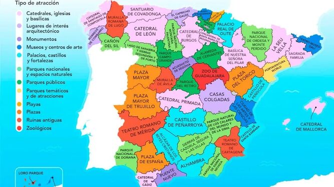 Mapa de las atracciones turísticas por provincias en España