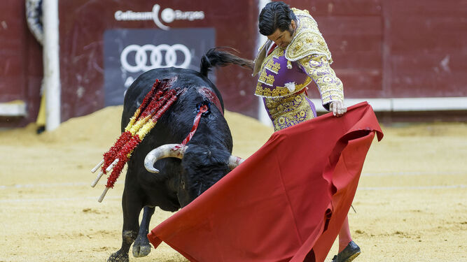 Morante de La Puebla, en un natural al comienzo de su faena a 'Bombardero', el toro que abrió plaza en sus Bodas de Plata como matador.