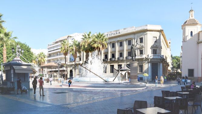 Recreación de la nueva fuente integrada en la Plaza de las Monjas, con el edificio del Banco de España y la calle Tres de Agosto al fondo.
