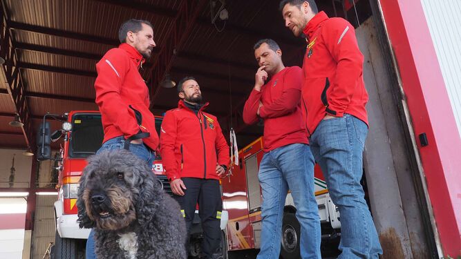 Cuatro de los miembros de 'Bomberos para el Mundo' con uno de los perros que han viajado a Turquía, este lunes en el parque de Almonte