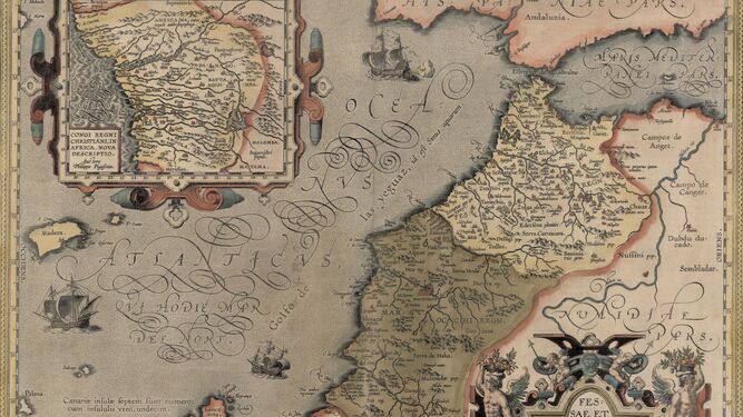Mapa de la costa de Canarias, suroeste peninsular y África recogido en el ‘Teatro del Mundo’ de Abraham Ortelius.