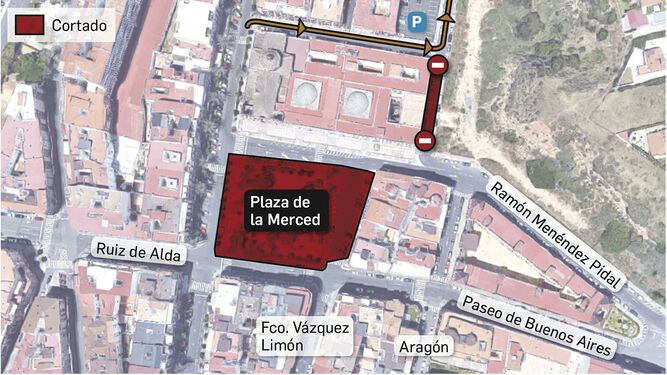 Zona cortada al tráfico como consecuencia de las obras en la Plaza de La Merced.