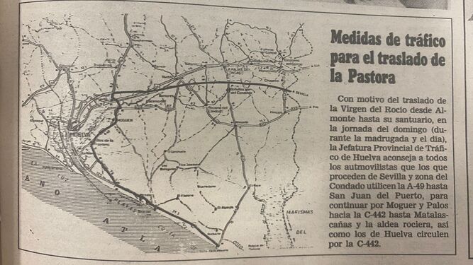 Periódico Huelva Información el 18 de mayo de 1985 con las medidas de tráfico para el traslado.
