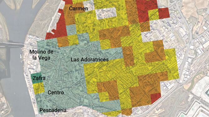 Mapa de la mortalidad en Huelva. De verde a rojo, de mayor esperanza de vida a menor.