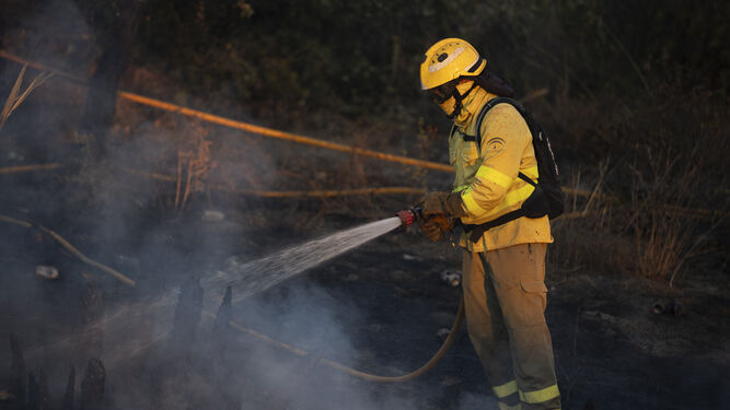 Efectivos del Infoca trabajando en el incendio de Bonares.