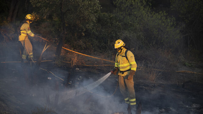 Dos efectivos del Infoca combaten las llamas del incendio de Bonares declarado el pasado fin de semana