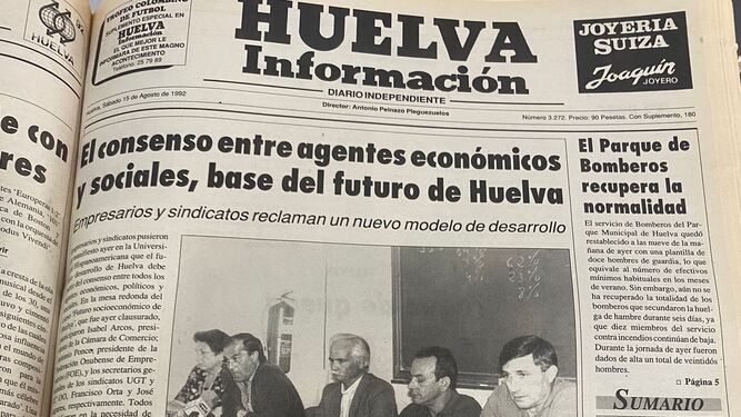 Portada del periódico Huelva Información el 15 de agosto de 1992