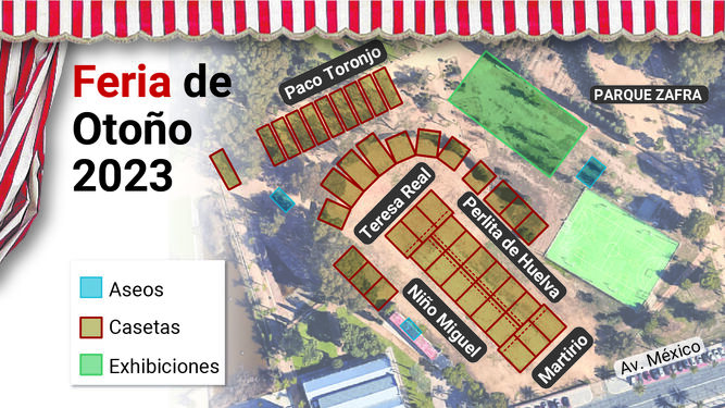 Plano del recinto de la Feria de Otoño de Huelva 2023.