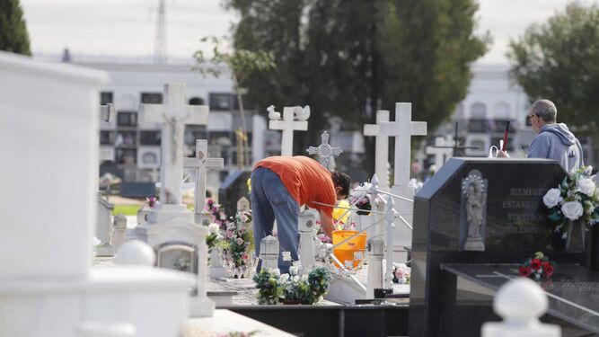 Personas limpian tumbas en el  cementerio de La Soledad.