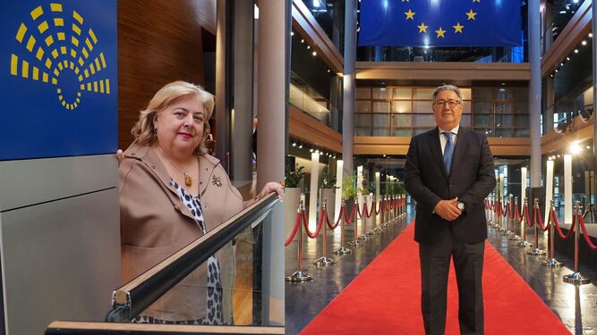 Clara Aguilera (PSOE) y Juan Ignacio Zoido (PP), posan para Huelva Información en los pasillos de la Eurocámara de Estrasburgo