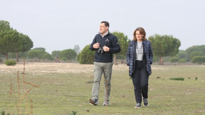 Juanma Moreno y Teresa Ribera, en su visita a Doñana, este lunes.