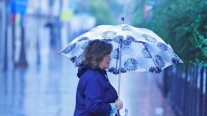 Una mujer se protege de la lluvia con su paraguas en una céntrica calle de Huelva