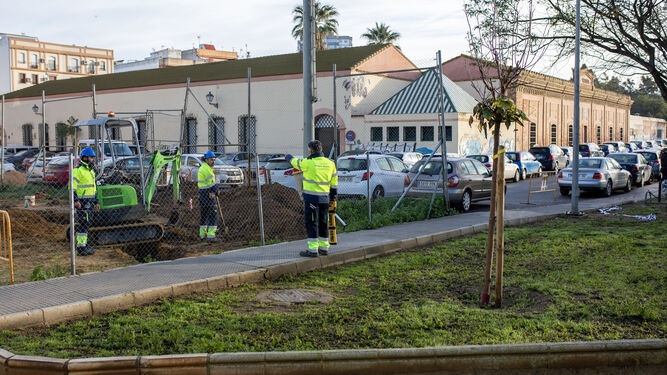 Operarios del Ayuntamiento trabajan en el desbloqueo de las obras en el León Ortega