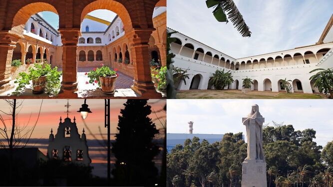 De izquierda a derecha, el Monasterio de la Rábida, el Convento de Santa Clara, el Santuario de la Cinta y el Monumento a Colón.