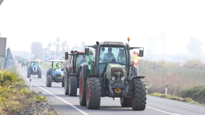 Tractores de agricultores en marcha a Huelva, este martes.