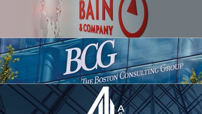 Logos de Bain, Boston Consulting y Alvarez & Marsal.