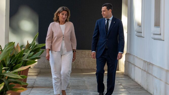 Teresa Ribera y Juanma Moreno, en San Telmo el pasado octubre tras lograr el pacto por Doñana.