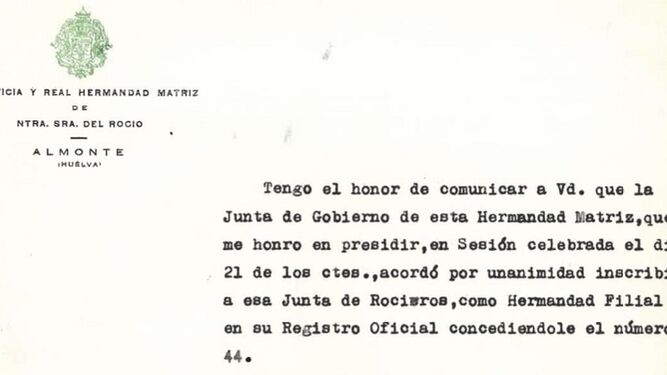 Extracto de la carta enviada por la Hermandad Matriz de Almonte.