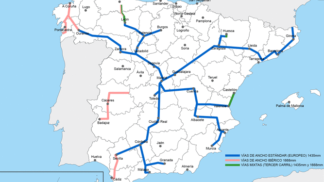 Mapa actual del AVE en España.