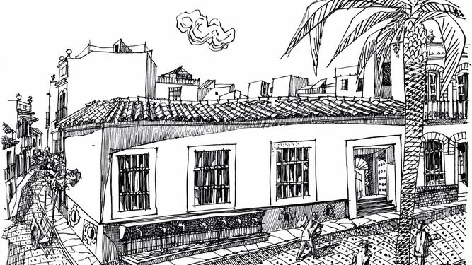 Fuente de la plaza de San Pedro, según el dibujo de José Caballero incluido en sus Cuadernos de Huelva.